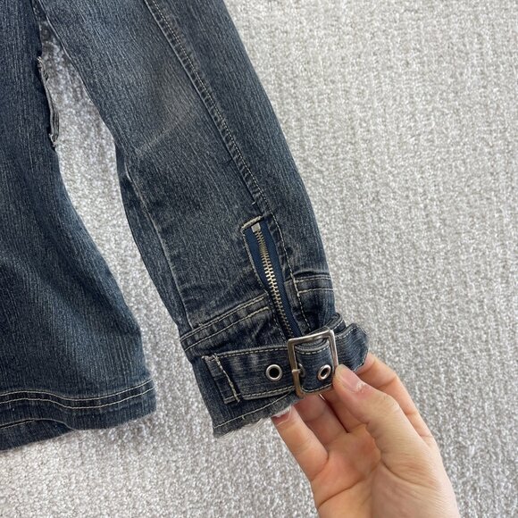 Y2K 725 Originals Dark Blue Denim Moto Cafe Racer Jacket Military Wom Sz S 2000s - Picture 10 of 13